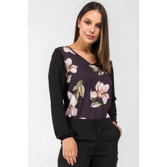 Blusa PKS Manga Longa Decote V Estampa Floral-GG