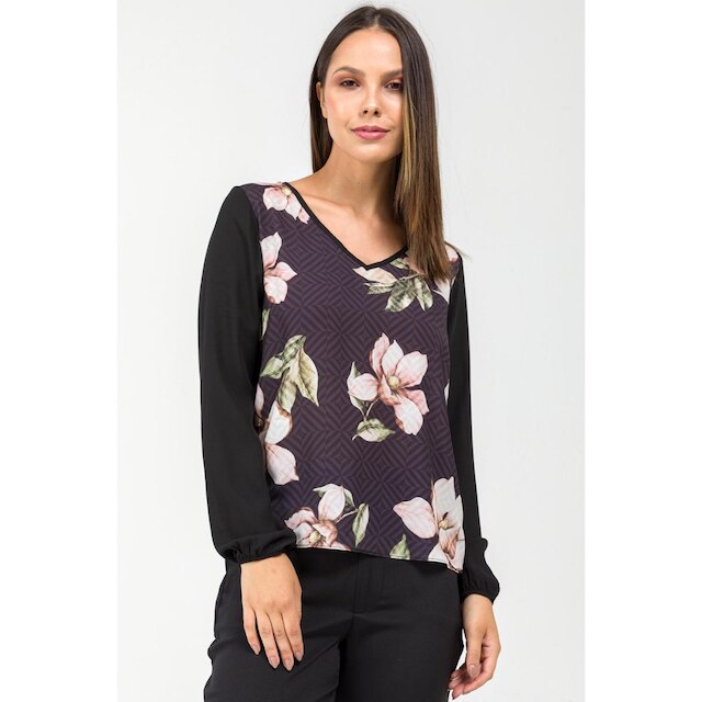 Blusa PKS Manga Longa Decote V Estampa Floral-GG