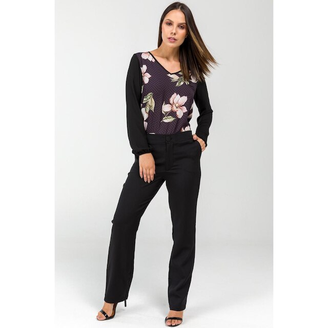 Blusa PKS Manga Longa Decote V Estampa Floral-GG