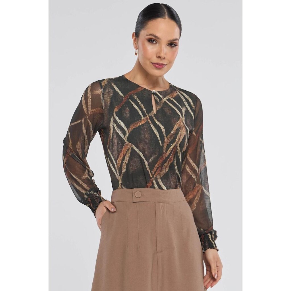 Blusa PKS Manga Longa Estampa Geométrica Marrom