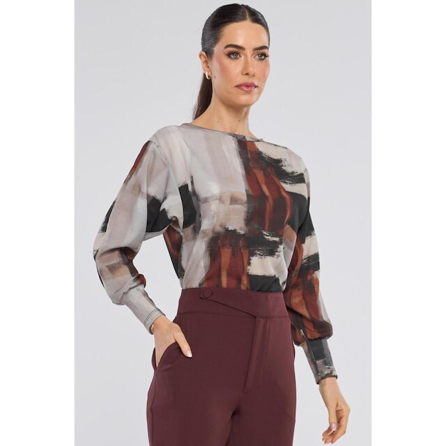 Blusa PKS Manga Longa Estampa Mixed Burgundy