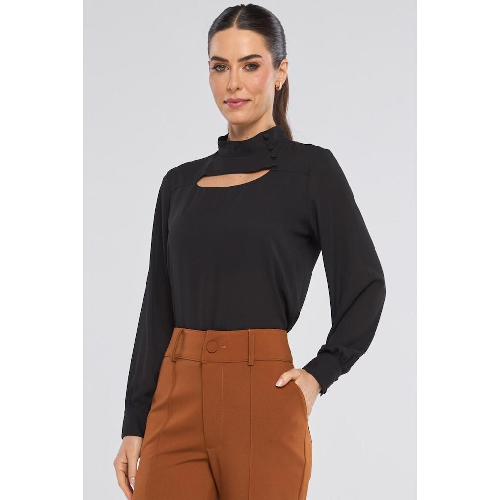 Blusa PKS Manga Longa Gola Alta com Botões Preta