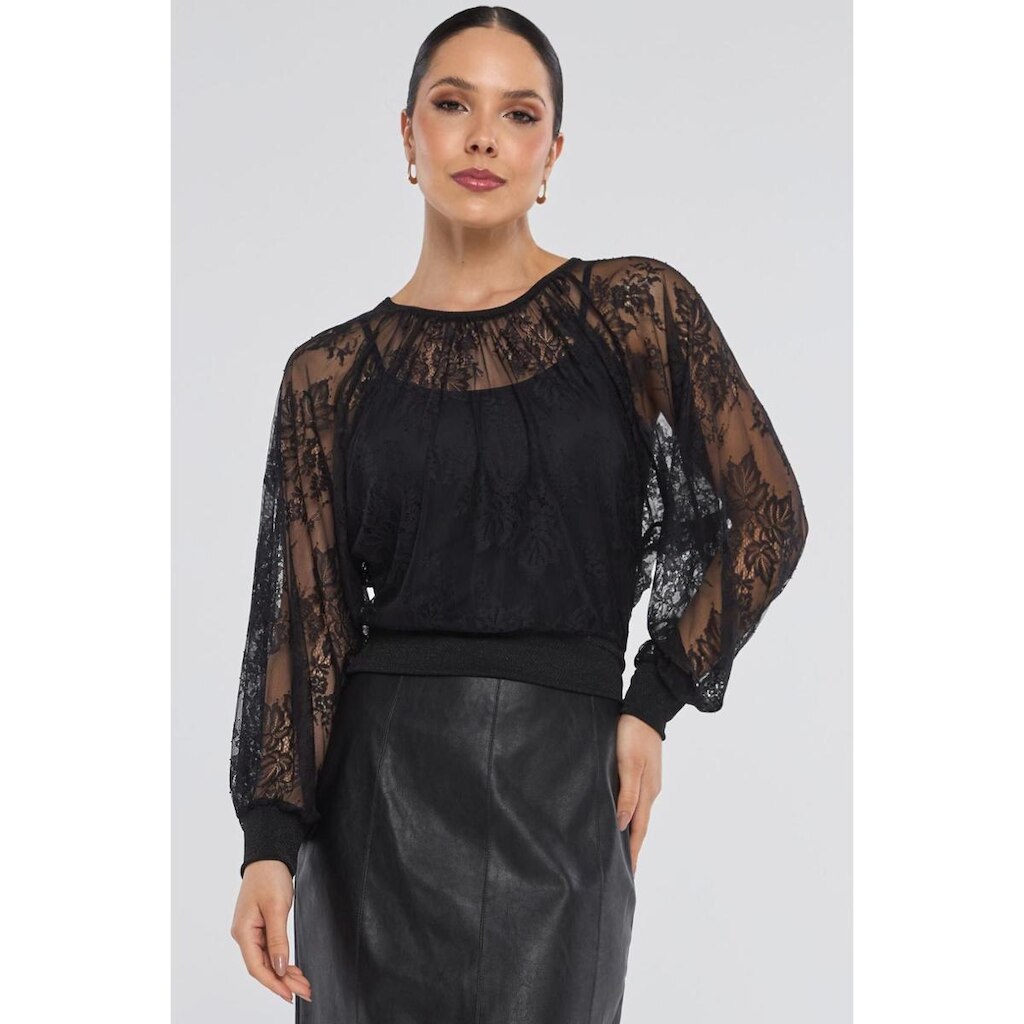 Blusa PKS Manga Longa Renda de Tule Preta