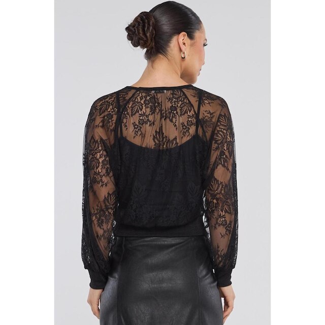 Blusa PKS Manga Longa Renda de Tule Preta