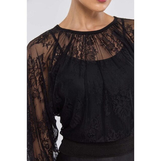 Blusa PKS Manga Longa Renda de Tule Preta