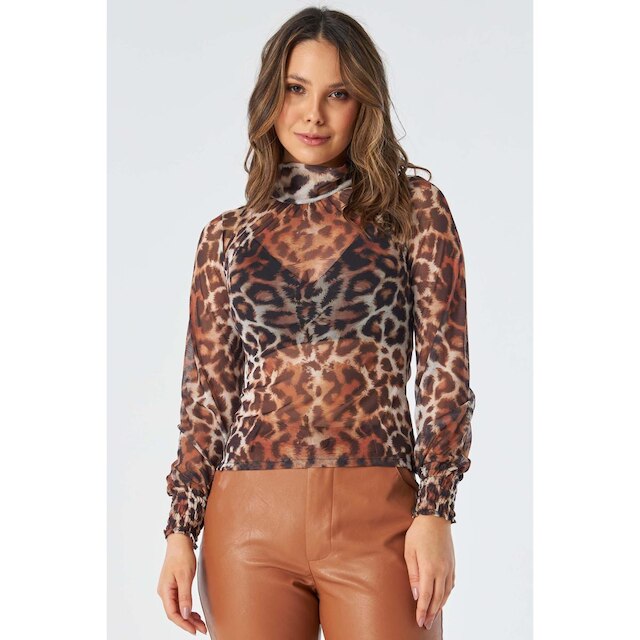 Blusa PKS Manga Longa Tule Estampa Animal Print-GG