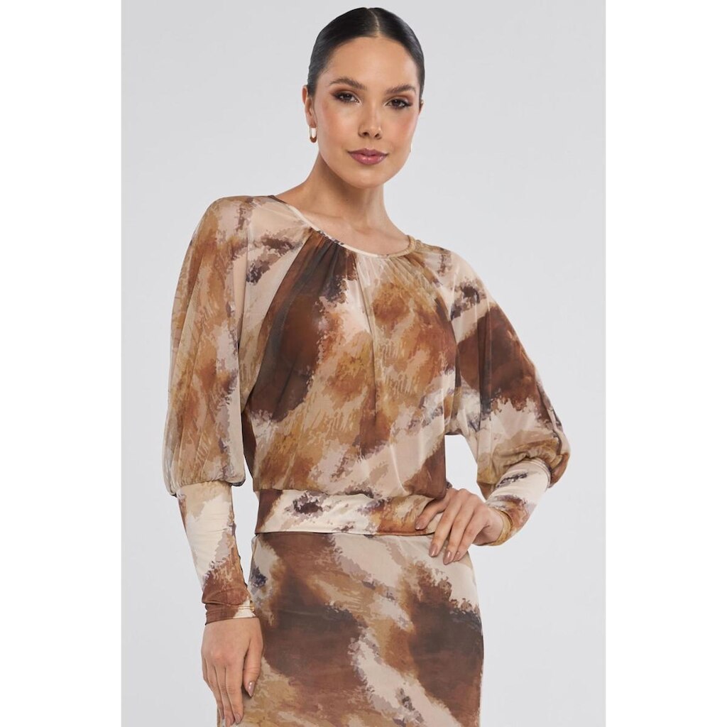 Blusa PKS Manga Longa Tule Estampa Brown Spots