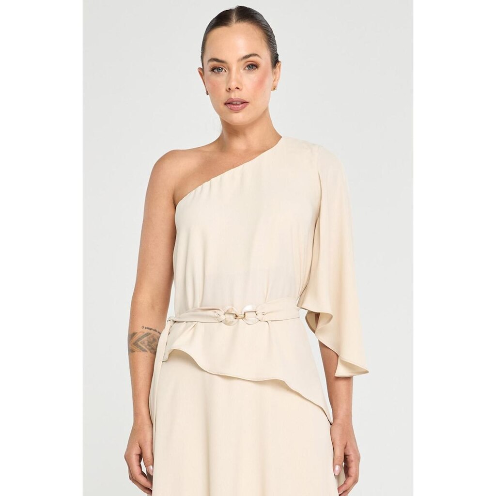 Blusa PKS Um Ombro Só Assimétrica Bege