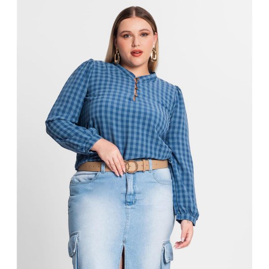 Blusa Plus Size Em Air Flow Xadrez Secret Glam Azul