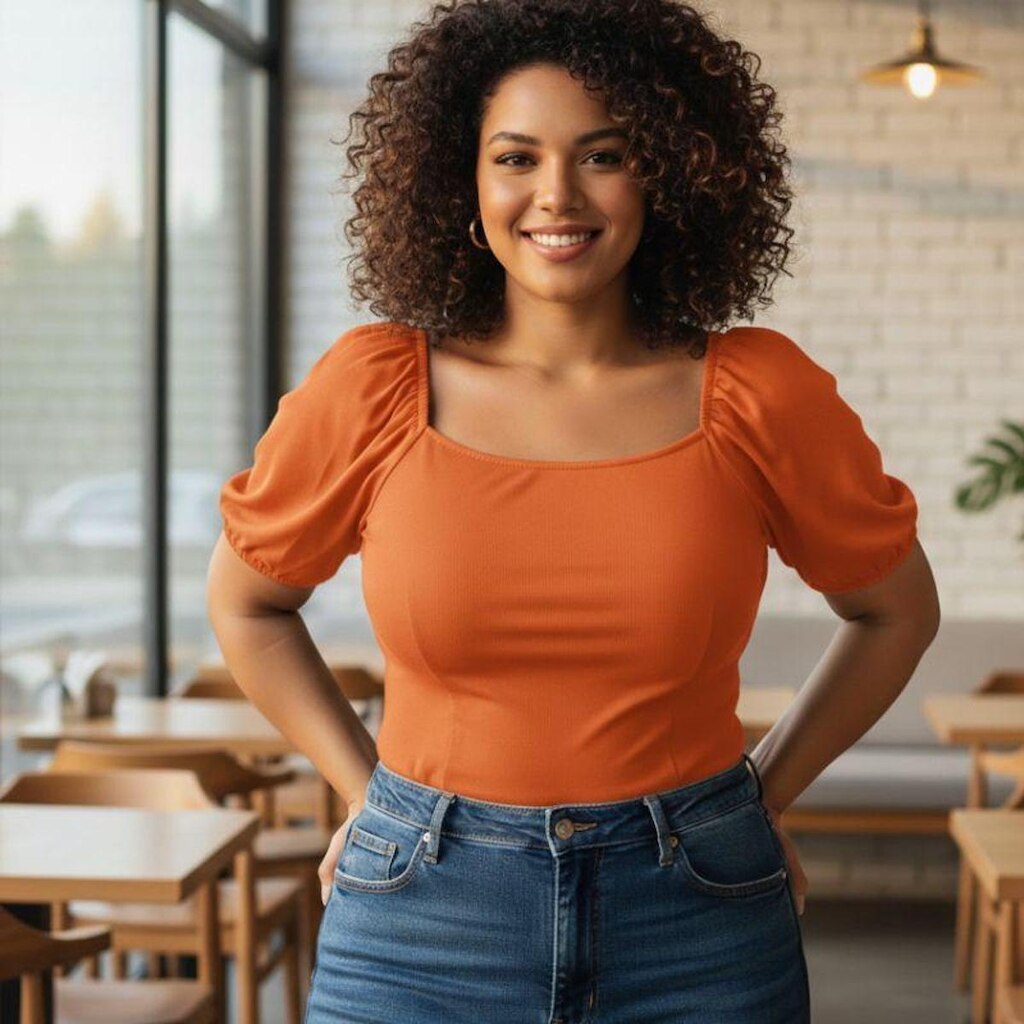 Blusa Plus Size Feminina Gola Quadrada Manga Bufante Habana