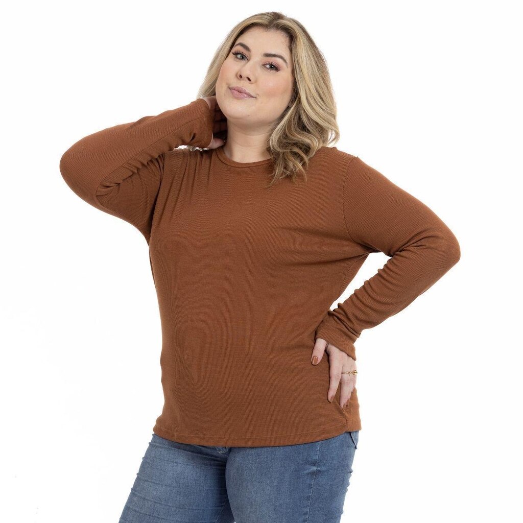 Blusa Plus Size Feminina Manga Longa Gola Redonda Ribana