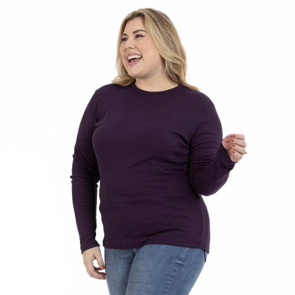 Blusa Plus Size Feminina Manga Longa Gola Redonda Ribana