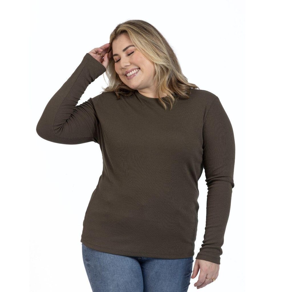 Blusa Plus Size Feminina Manga Longa Gola Redonda Ribana