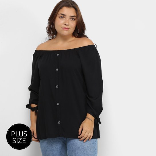 Blusa Plus Size Lecimar Manga 7/8 Amarração Feminina - Preto