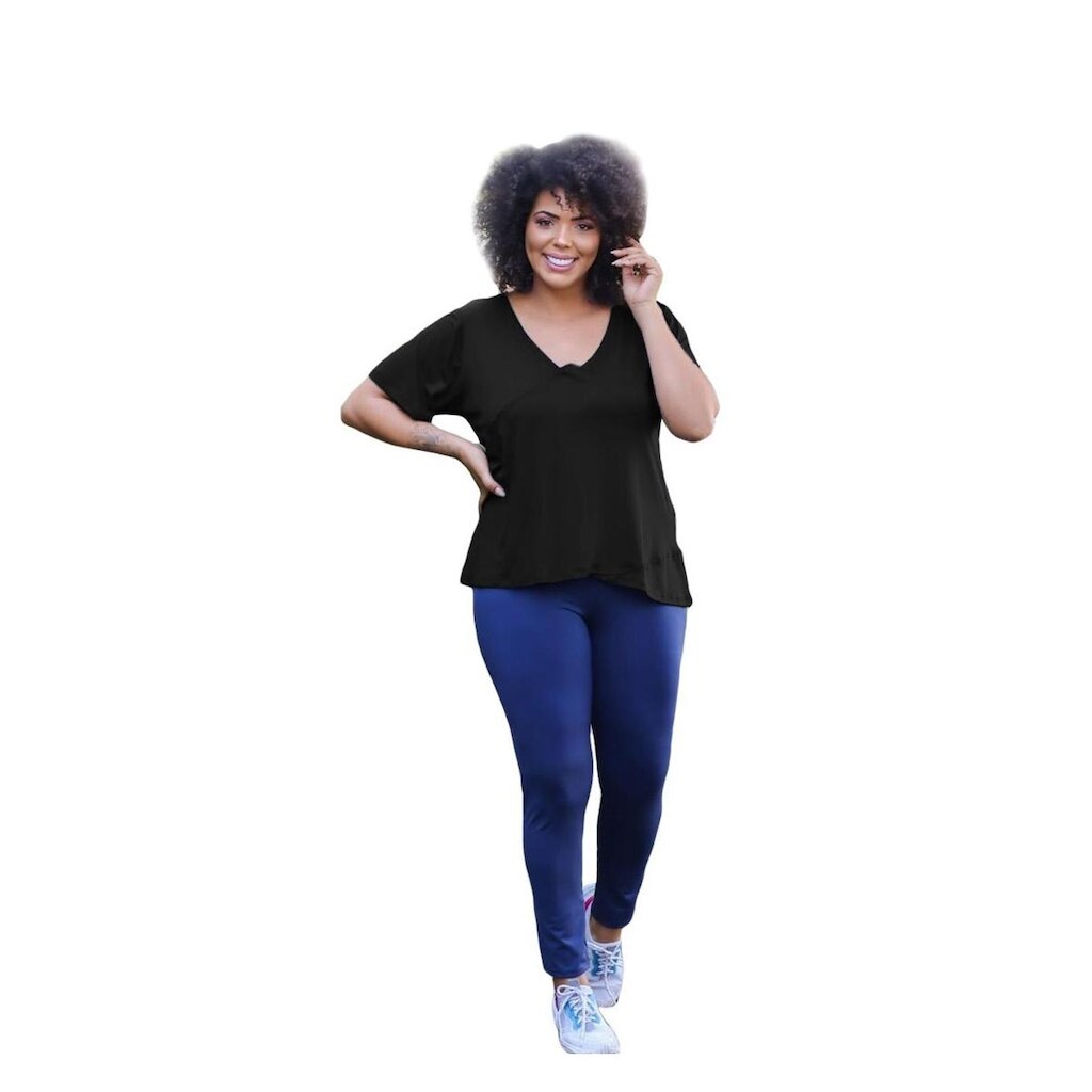 Blusa Plus Size Manga Curta Detalhes Preta