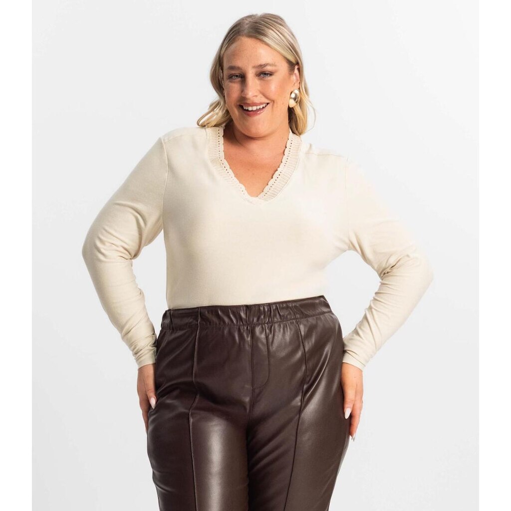 Blusa Plus Size Manga Longa Feminina Secret Glam Bege