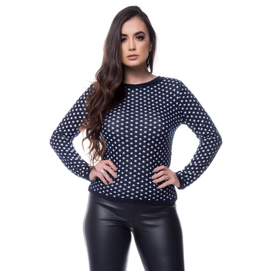 Blusa Poá Eliza Tricot Manga Longa Feminina - Azul Escuro
