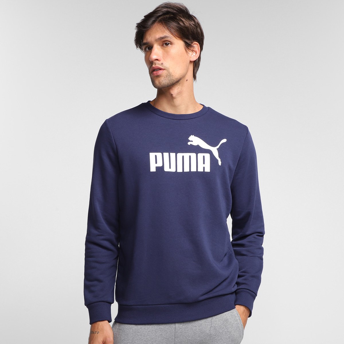 Blusa Puma Ess Big Logo Crew Masculina - Azul Escuro Menor preço em Blusa Puma Ess Big Logo Crew Masculina - Azul Escuro