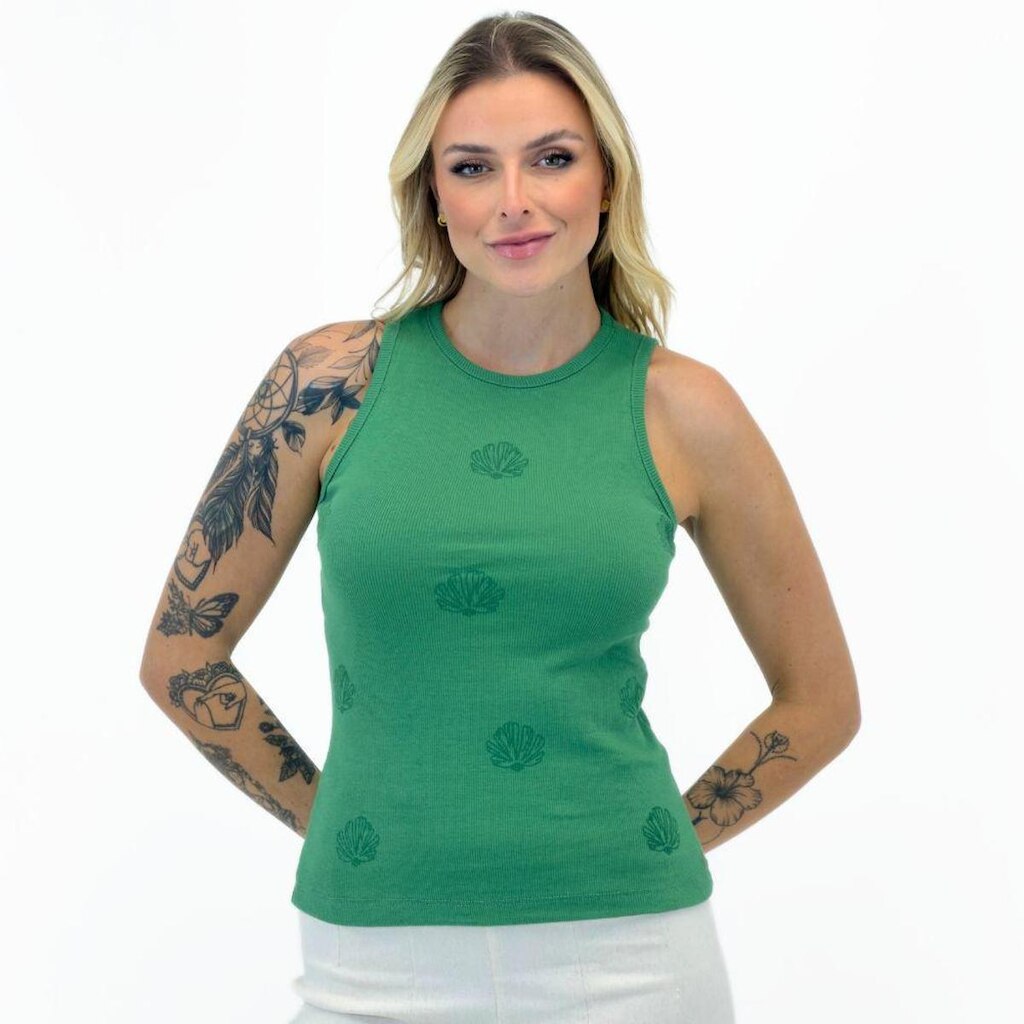 Blusa Rovitex Regata Canelada com Estampa Gola Redonda Feminina