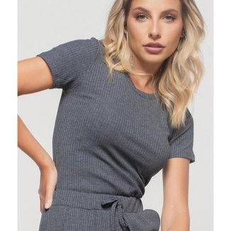 Blusa Salvatore Fashion Básica Manga Curta Malha Canelada Feminina