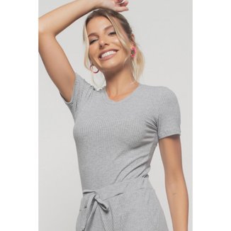 Blusa Salvatore Fashion Básica Manga Curta Malha Canelada Feminina