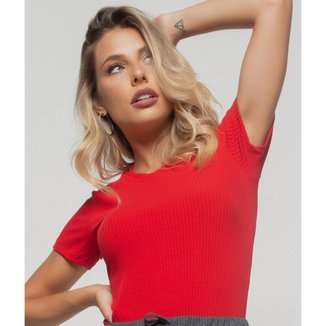 Blusa Salvatore Fashion Básica Manga Curta Malha Canelada Feminina