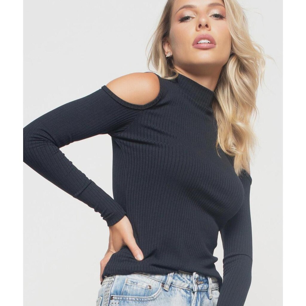 Blusa Salvatore Fashion Ombro Vazado Manga Longa Canelada Feminina
