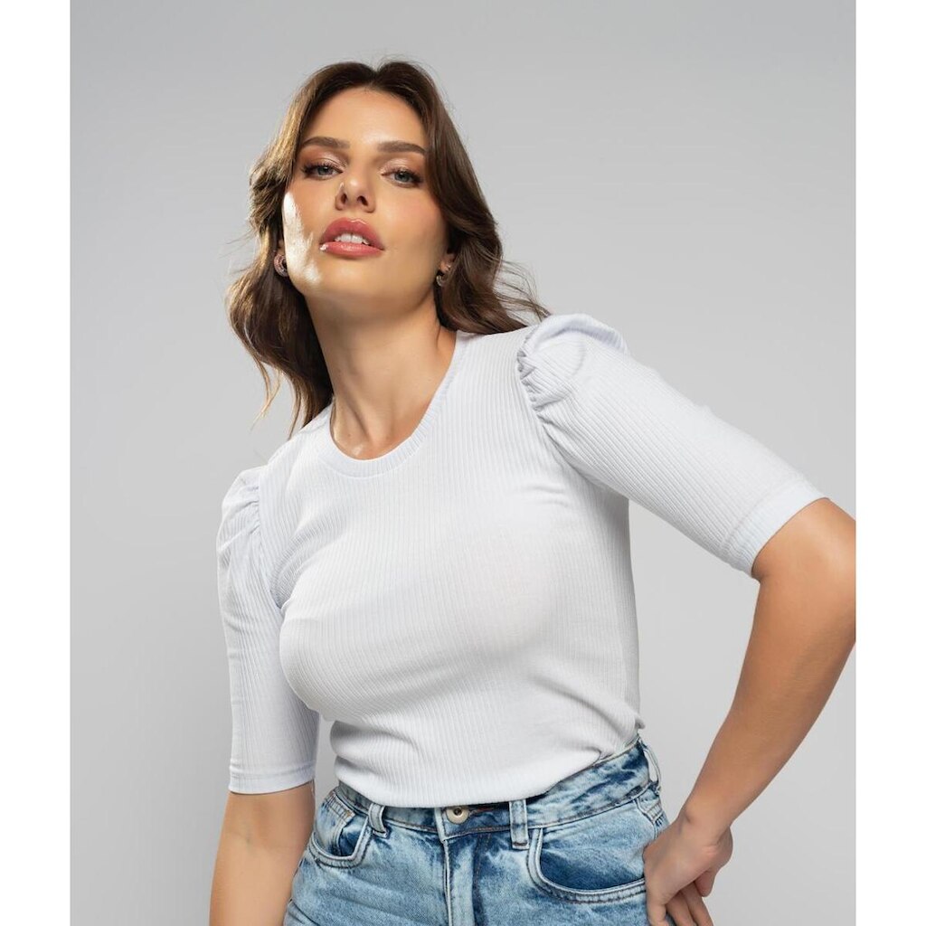 Blusa Salvatore Fashion Princesa Decote Redondo Canelada Feminina