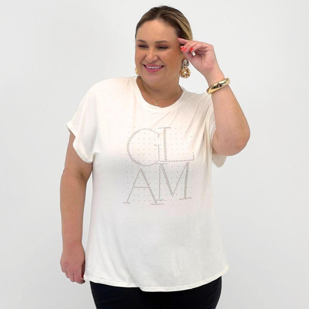 Blusa Secret Glam Plus Size com Strass Manga Curta Feminina