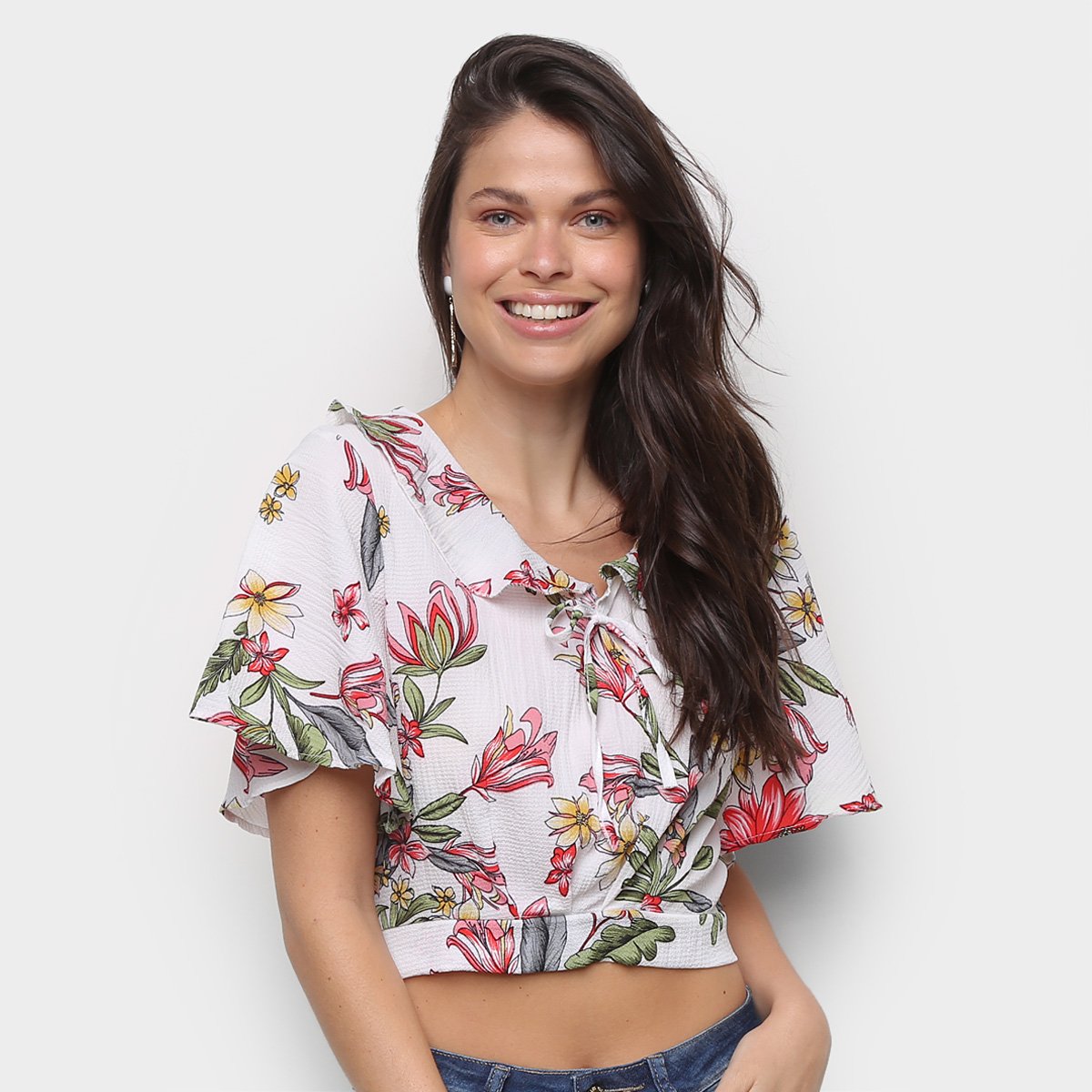 Blusa Sofia Fashion Cropped Amarração Floral Feminina - Branco Menor preço em Blusa Sofia Fashion Cropped Amarração Floral Feminina - Branco