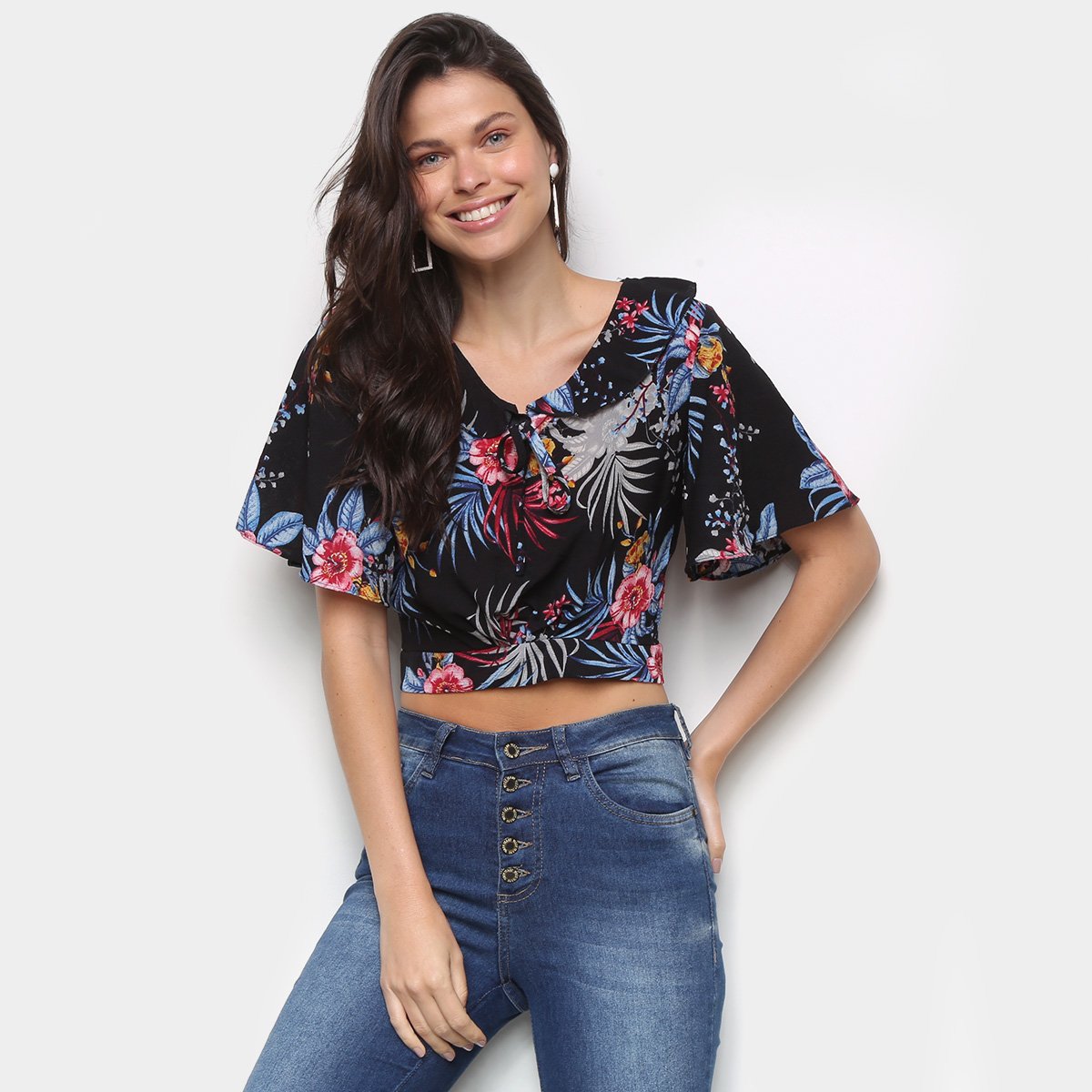 Blusa Sofia Fashion Cropped Amarração Folhagens Feminina - Preto+Azul Menor preço em Blusa Sofia Fashion Cropped Amarração Folhagens Feminina - Preto+Azul