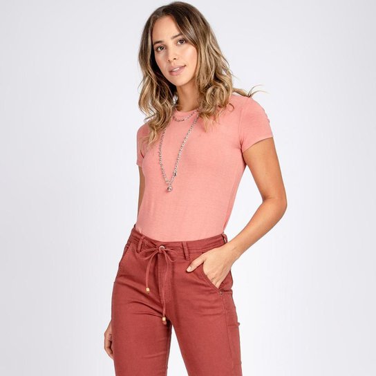 Blusa T-Shirt Decote Careca Manga Curta Cor Gérbera - Rosa Claro