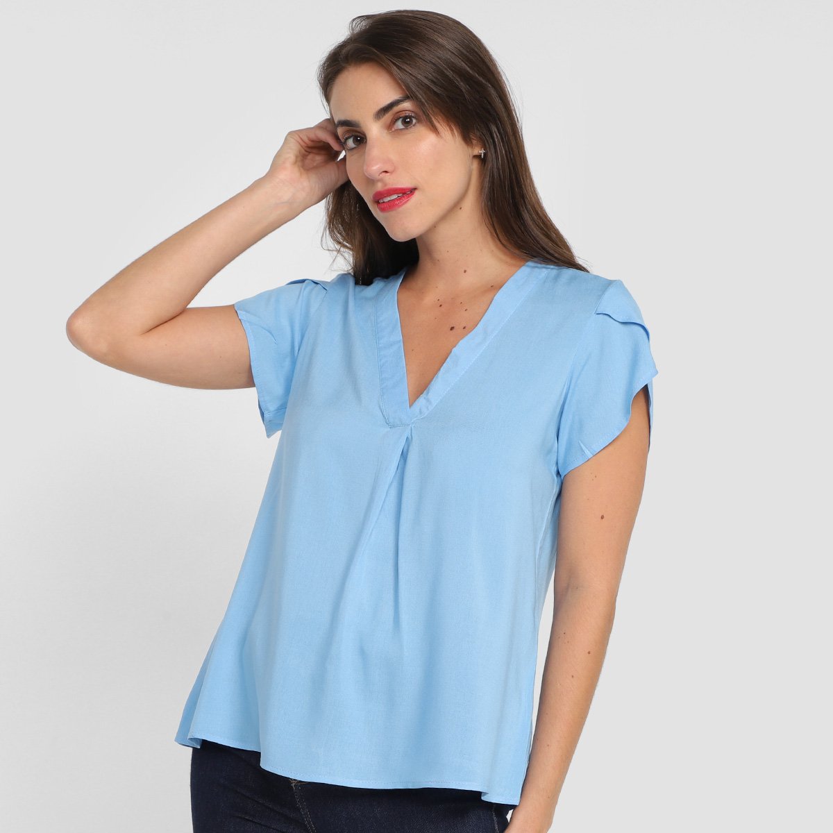 Blusa The Style Box Gola V Feminina - Azul Claro Menor preço em Blusa The Style Box Gola V Feminina - Azul Claro