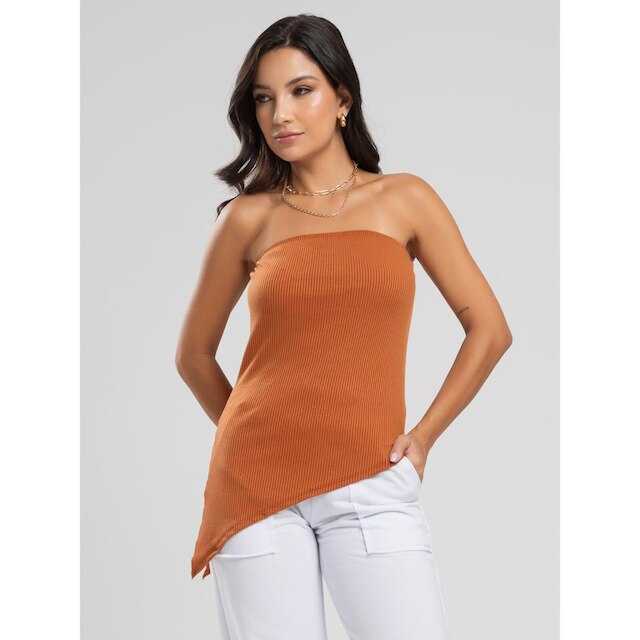 Blusa Tomara Que Caia Assimétrica Fenda Lateral Canelada Moda Casual Feminina