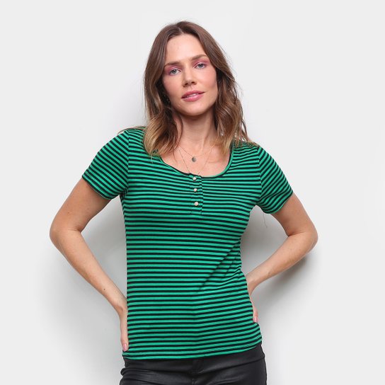 Blusa Top Moda Listrada Botões Feminina - Verde