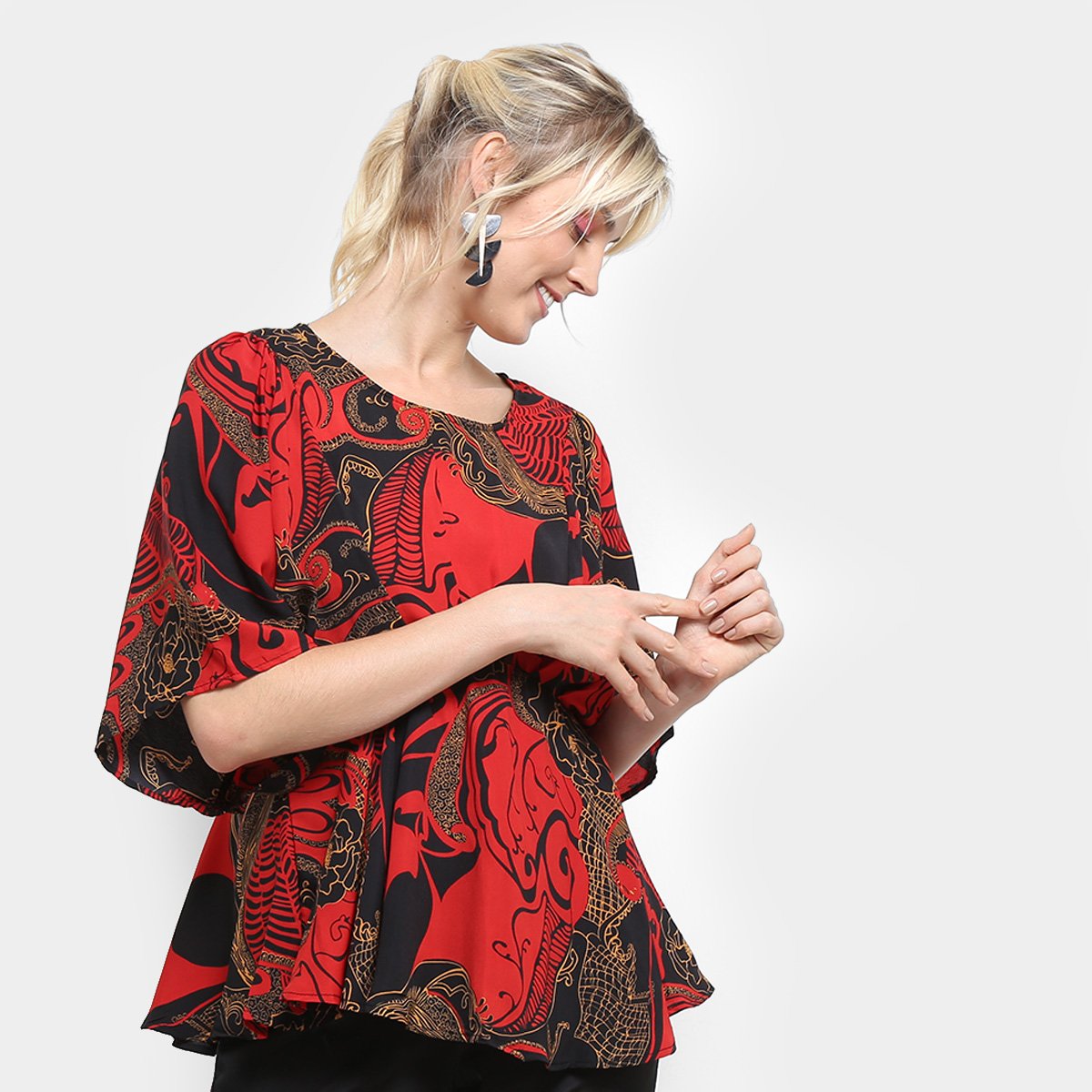 Menor preço em Blusa Top Moda Manga 3/4 Babado Feminina - Vermelho