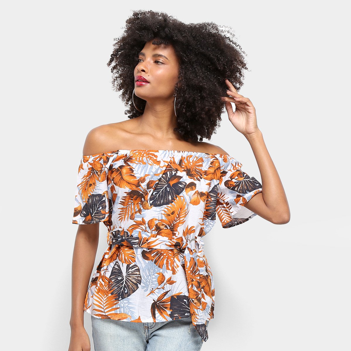 Blusa Top Modas Ombro a Ombro Estampa Floral Detalhe Amarração Feminina - Laranja Menor preço em Blusa Top Modas Ombro a Ombro Estampa Floral Detalhe Amarração Feminina - Laranja