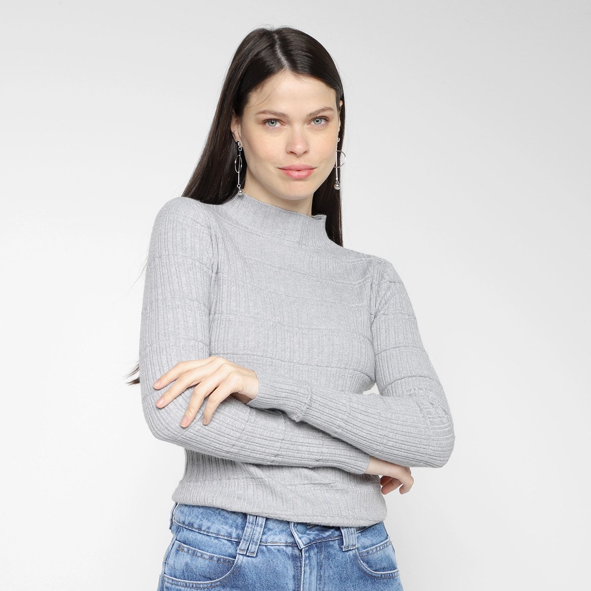 Blusa Tricô Facinelli Gola Alta Feminino - Cinza Claro Menor preço em Blusa Tricô Facinelli Gola Alta Feminino - Cinza Claro