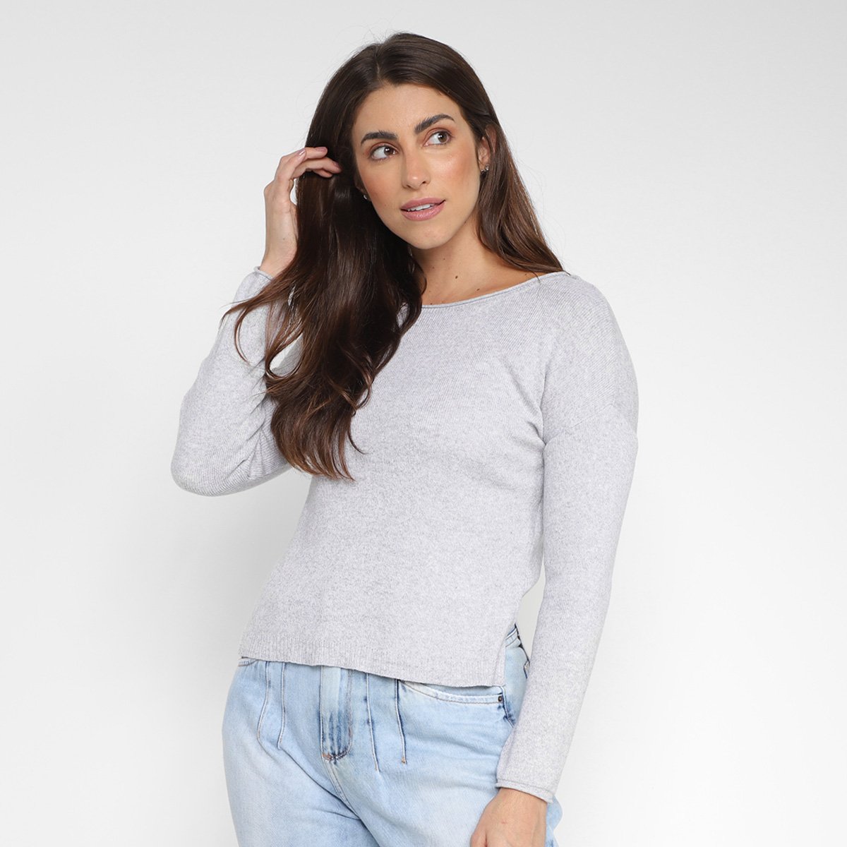 Blusa Tricô The Style Box Manga Longa Feminina - Cinza Menor preço em Blusa Tricô The Style Box Manga Longa Feminina - Cinza