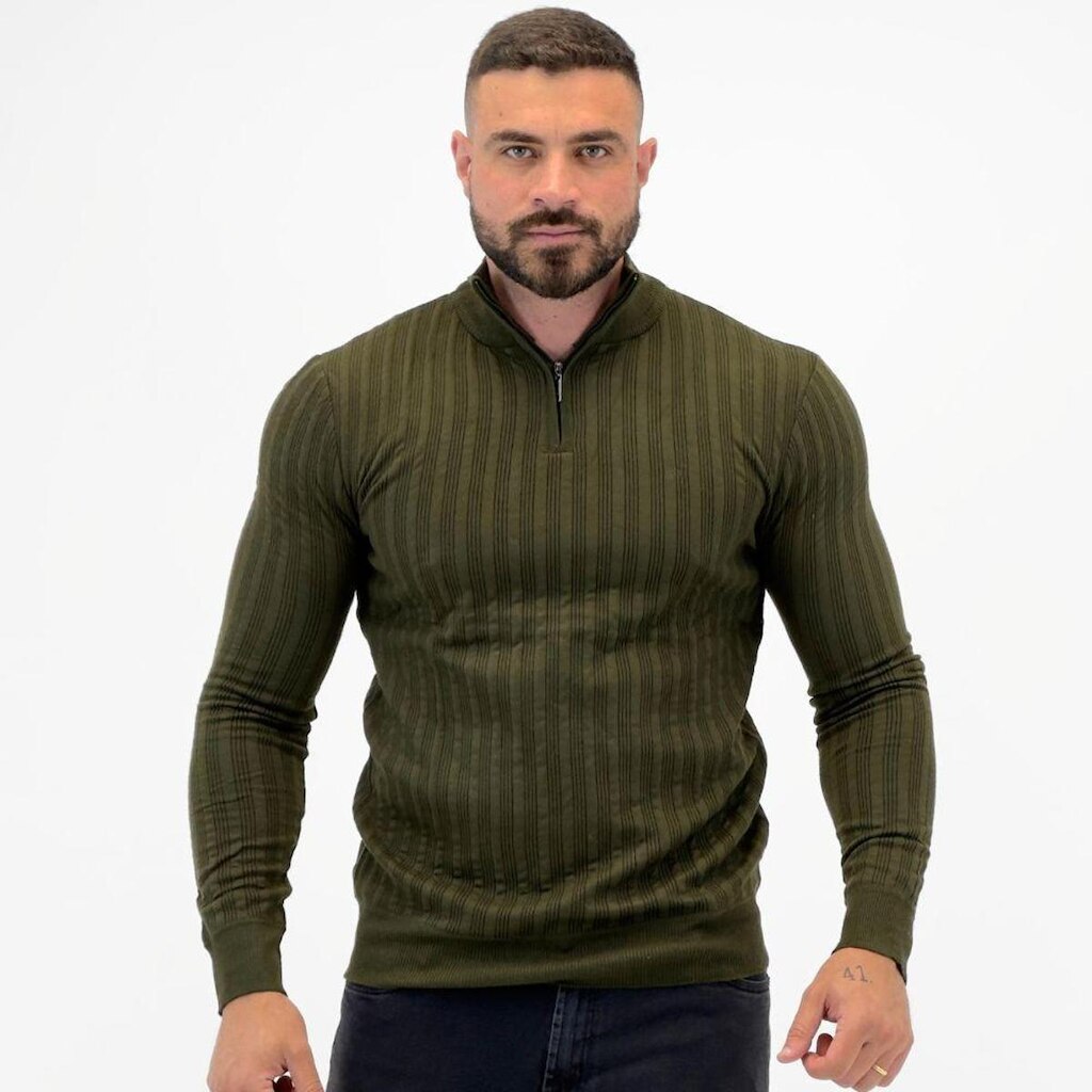 Blusa Tricot Dixie Canelada Gola Alta com Zíper Manga Longa Masculina