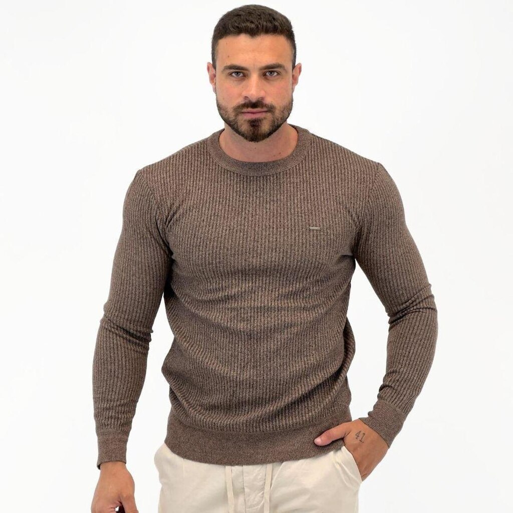 Blusa Tricot Dixie Canelada Jacquard Gola Redonda Masculina