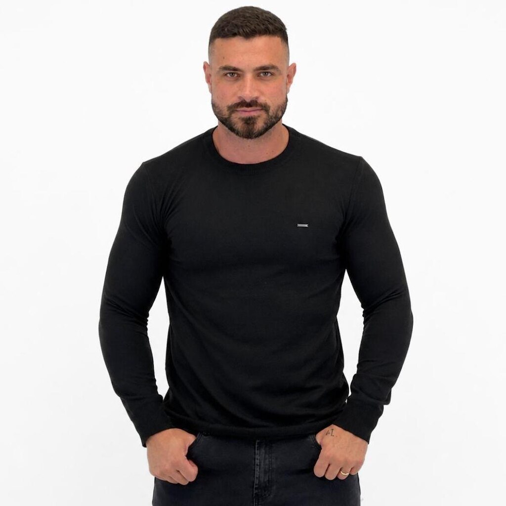 Blusa Tricot Dixie com Listras Gola Redonda Manga Longa Masculina