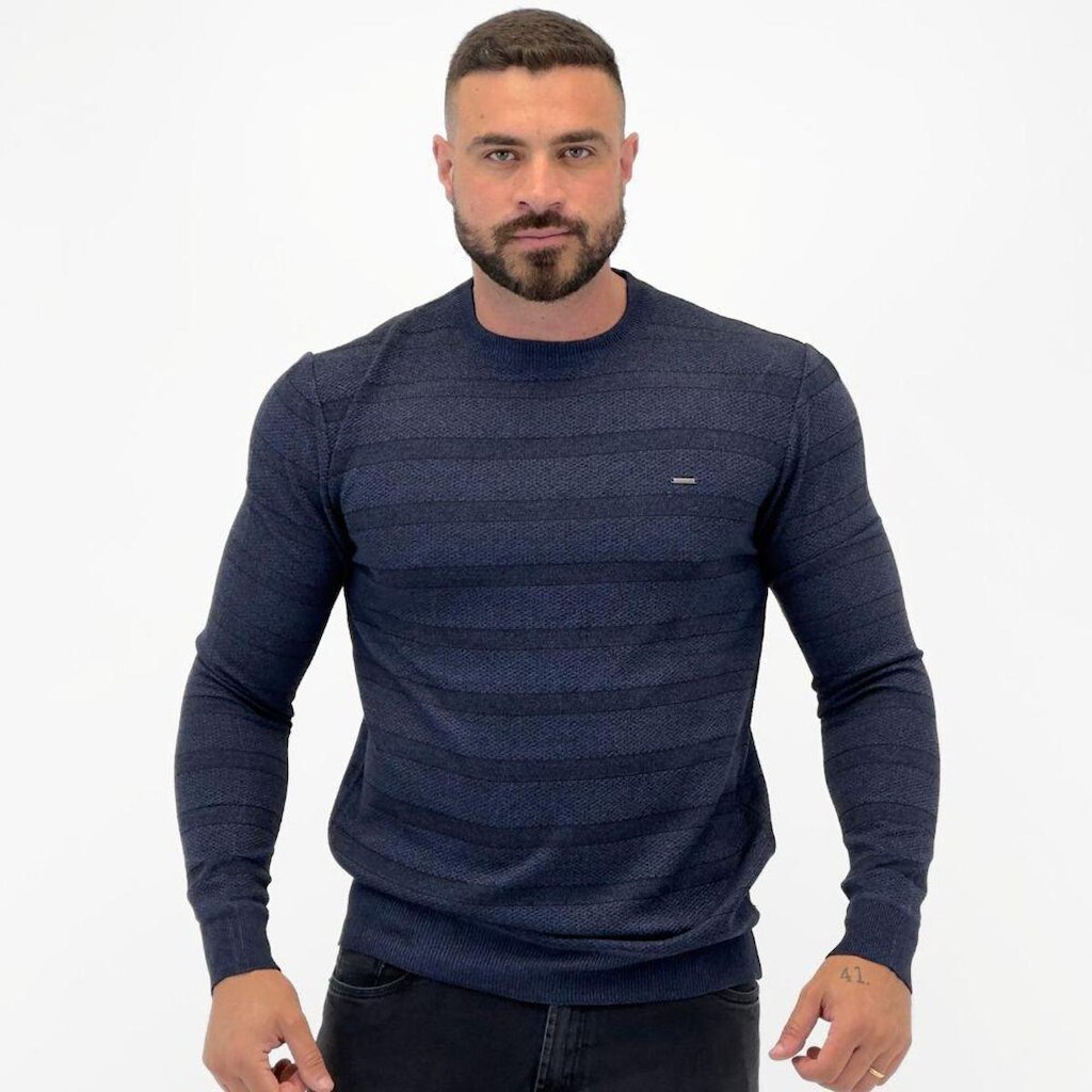 Blusa Tricot Dixie com Listras Gola Redonda Manga Longa Masculina