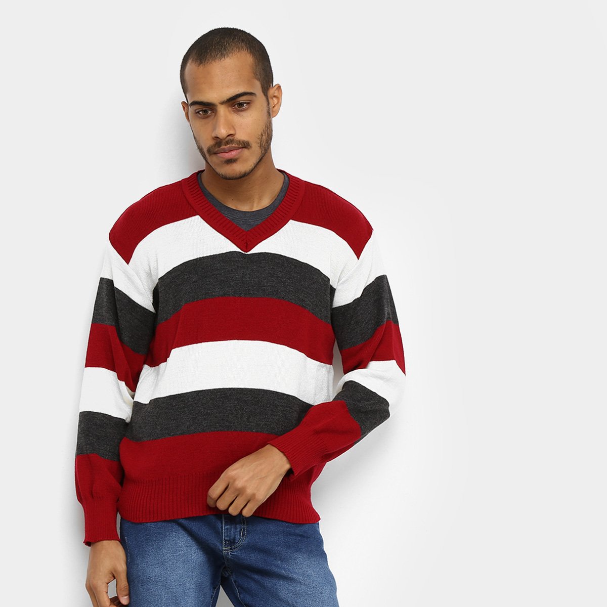 Blusa Tricot Karian Listrada Manga Longa Masculina - Vermelho+Off White Menor preço em Blusa Tricot Karian Listrada Manga Longa Masculina - Vermelho+Off White