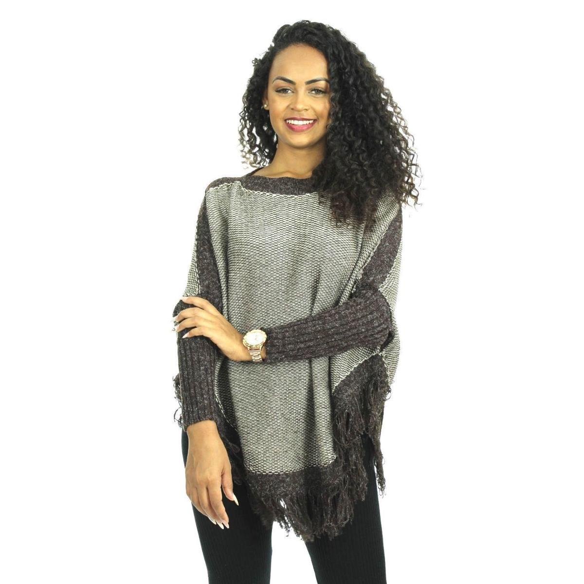 Blusa Tricot Thalia Feminina Shopping do Tricô Inverno Poncho - Marrom Menor preço em Blusa Tricot Thalia Feminina Shopping do Tricô Inverno Poncho - Marrom