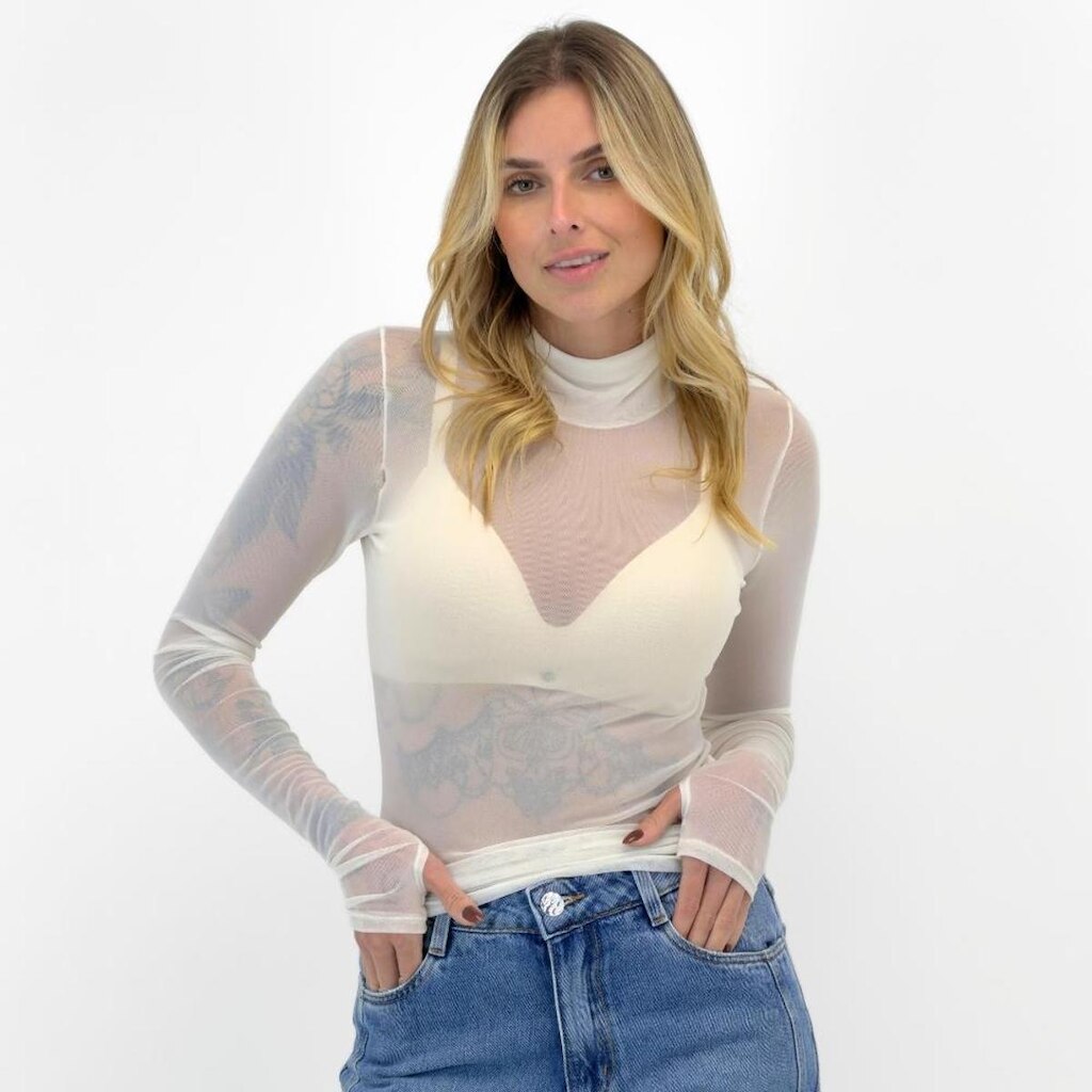 Blusa Trimix de Tule Manga Longa Gola Alta Feminina