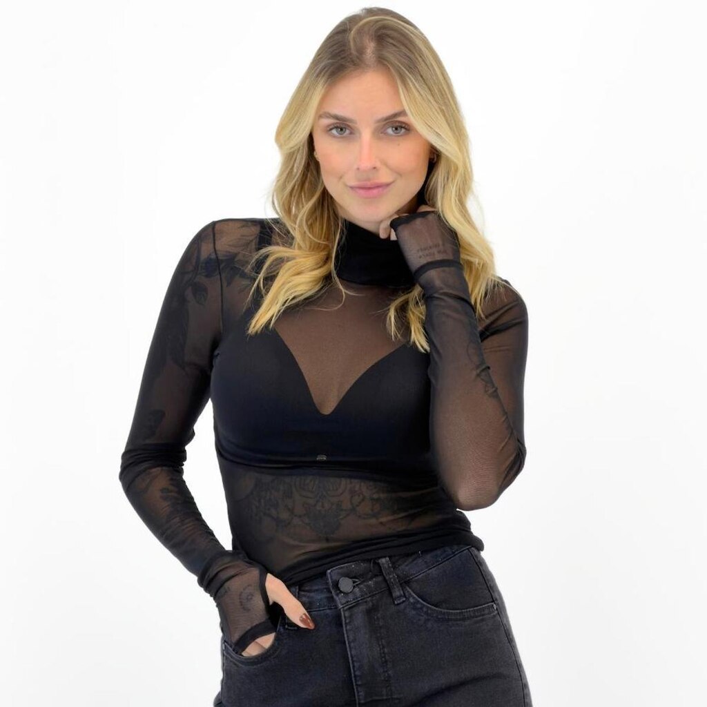 Blusa Trimix de Tule Manga Longa Gola Alta Feminina