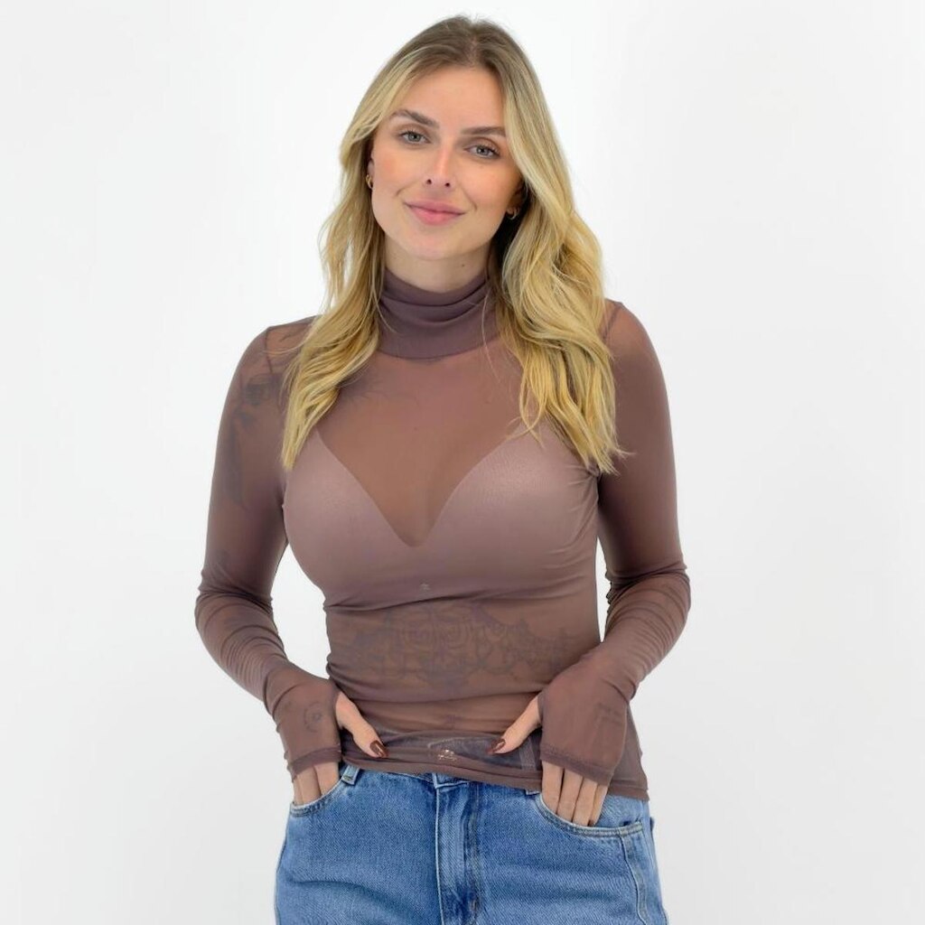 Blusa Trimix de Tule Manga Longa Gola Alta Feminina