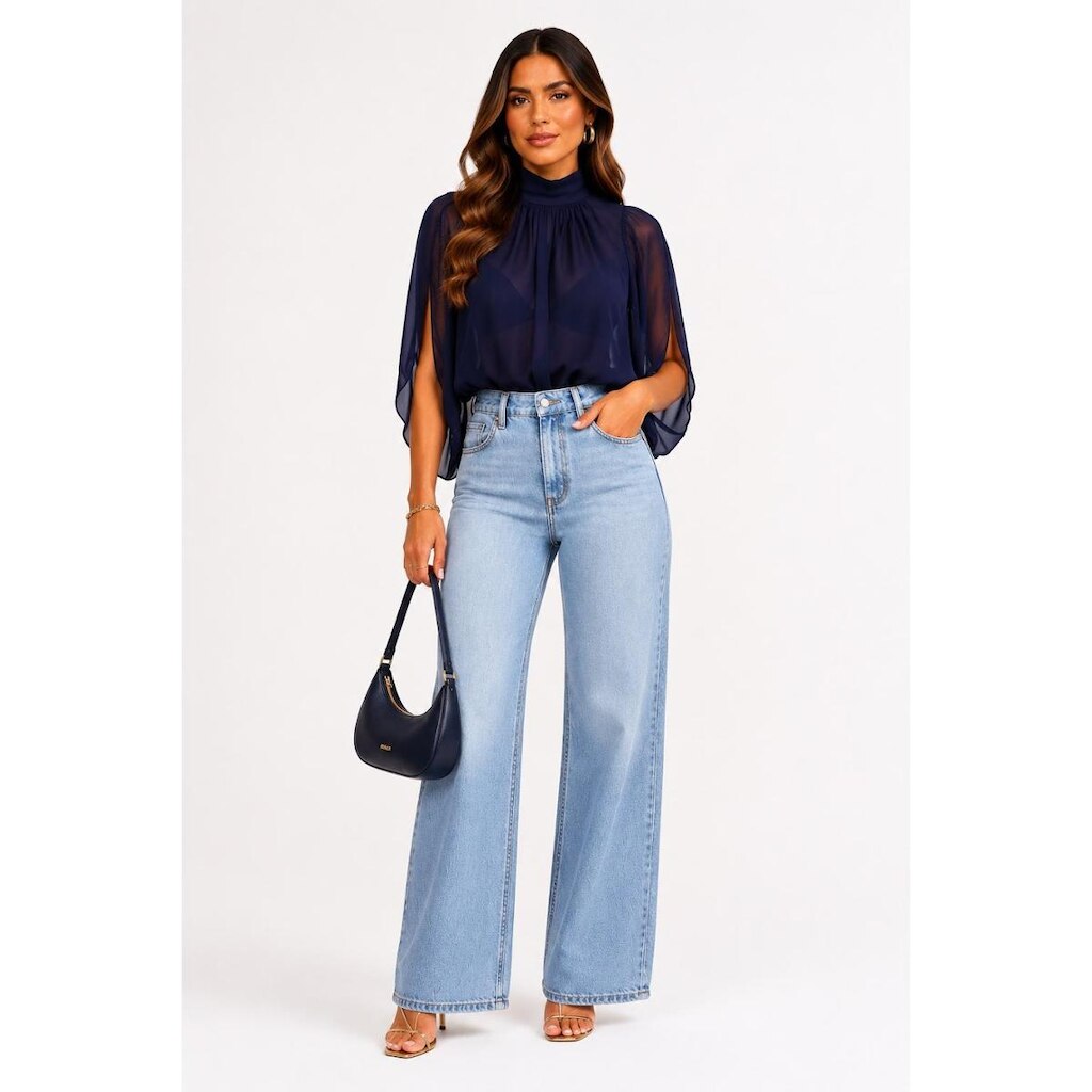 Blusa Tule D Bell Outlet Fashion Gola Alta Azul Marinho