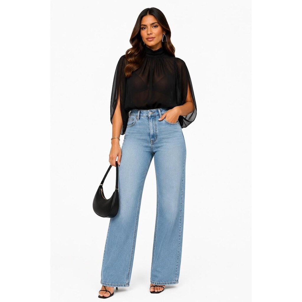 Blusa Tule D Bell Outlet Fashion Gola Alta Preto